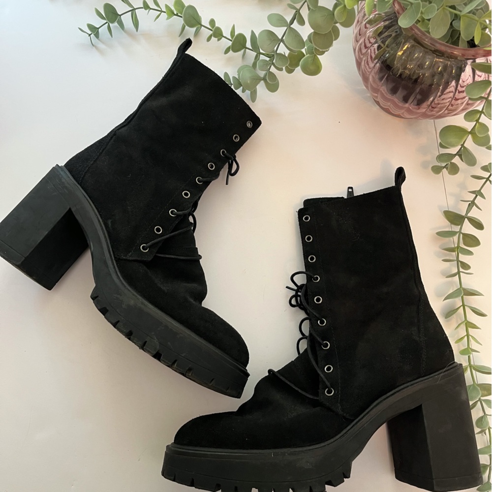 Free People Dylan Black Suede Heeled Combat Boots Size 39